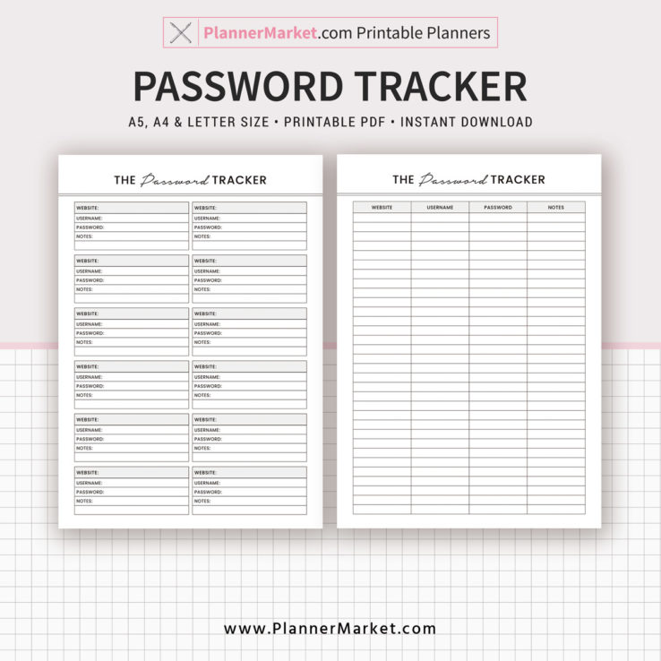 Password Tracker, A5, A4, Letter Size, Printable Planner, Planner ...