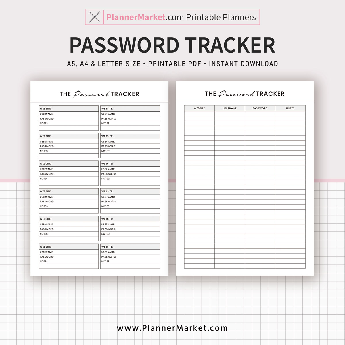 Password Tracker, A5, A4, Letter Size, Printable Planner, Planner Template,  Planner Pages, Instant Download –